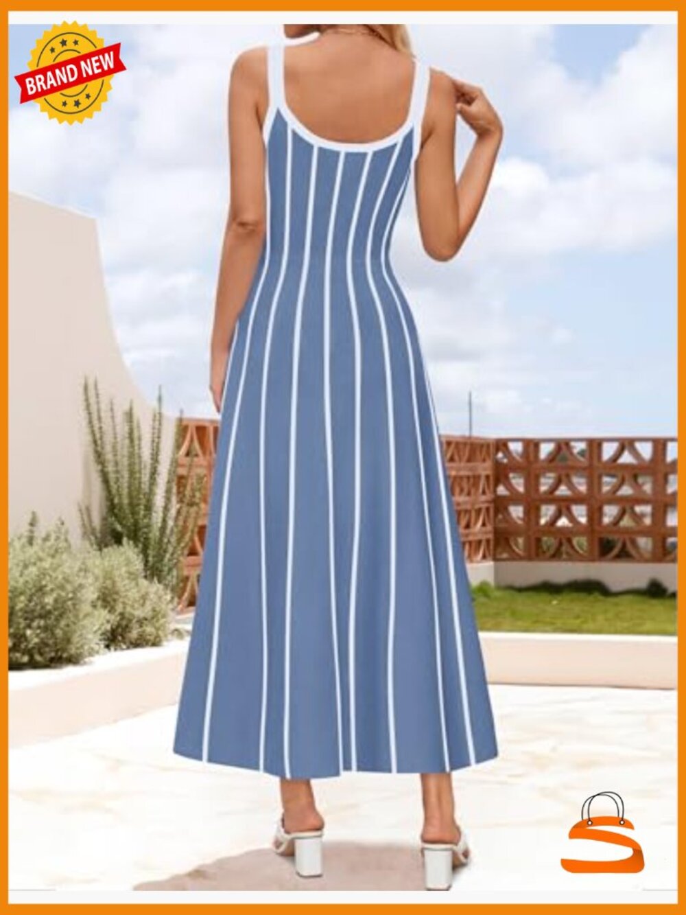 Striped A-Line Sleeveless Midi Dress - Knit Beach Vacation Outfit - Picture 4 of 7